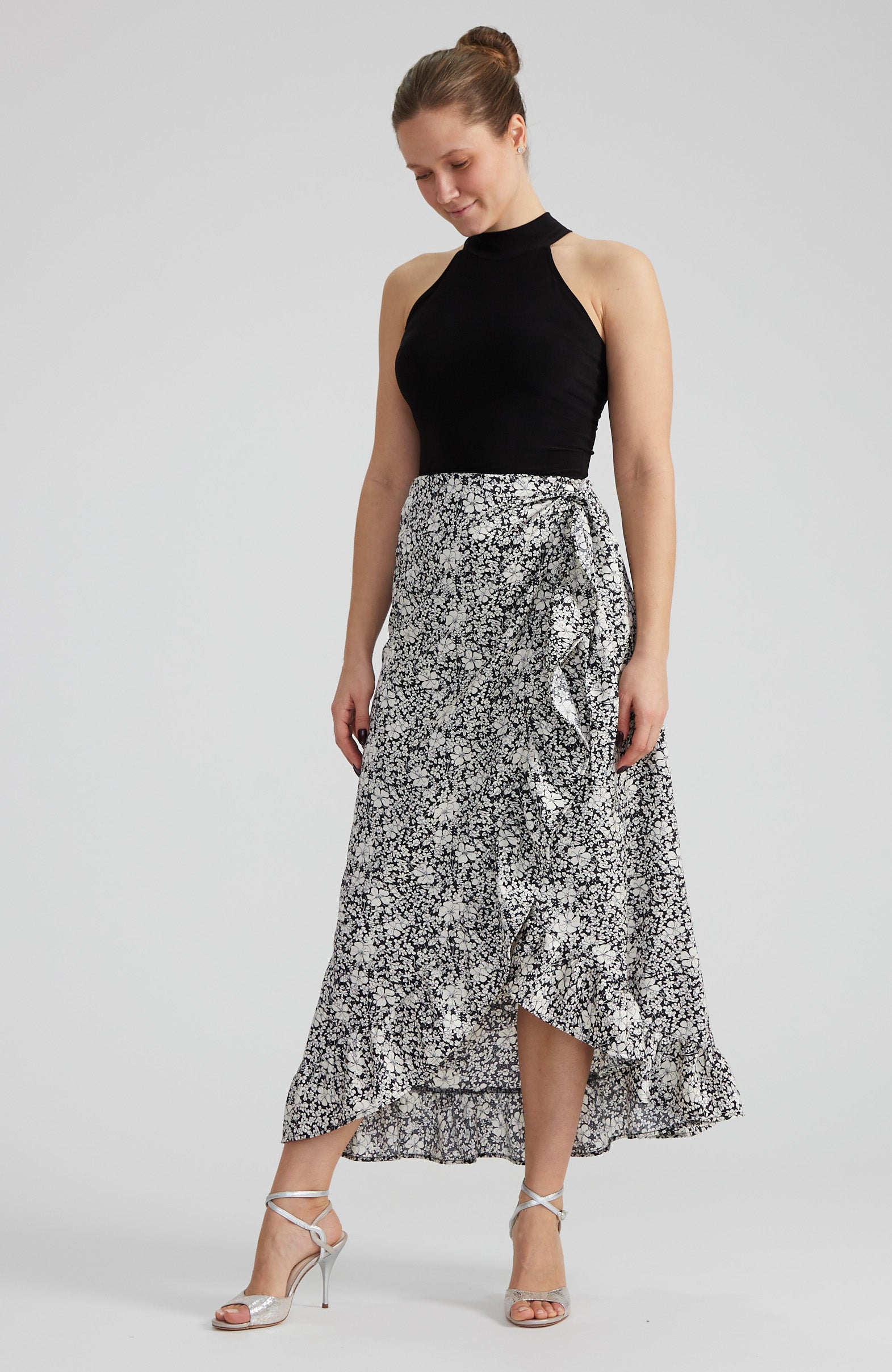 DINA - Ruffle Hem Wrap Skirt in Inked Bloom