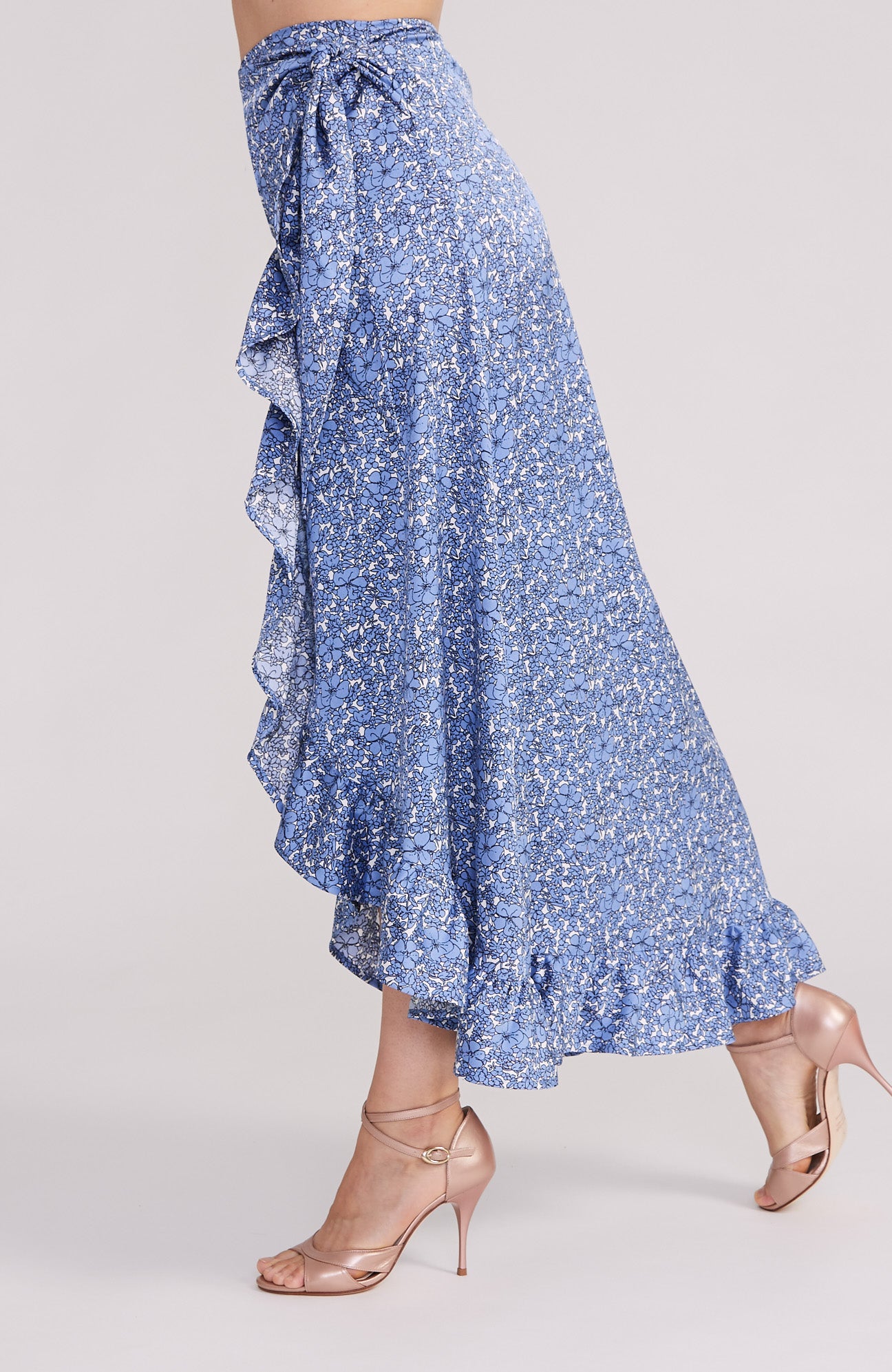 DINA - Ruffle Hem Wrap Skirt in Sky Blue Florals