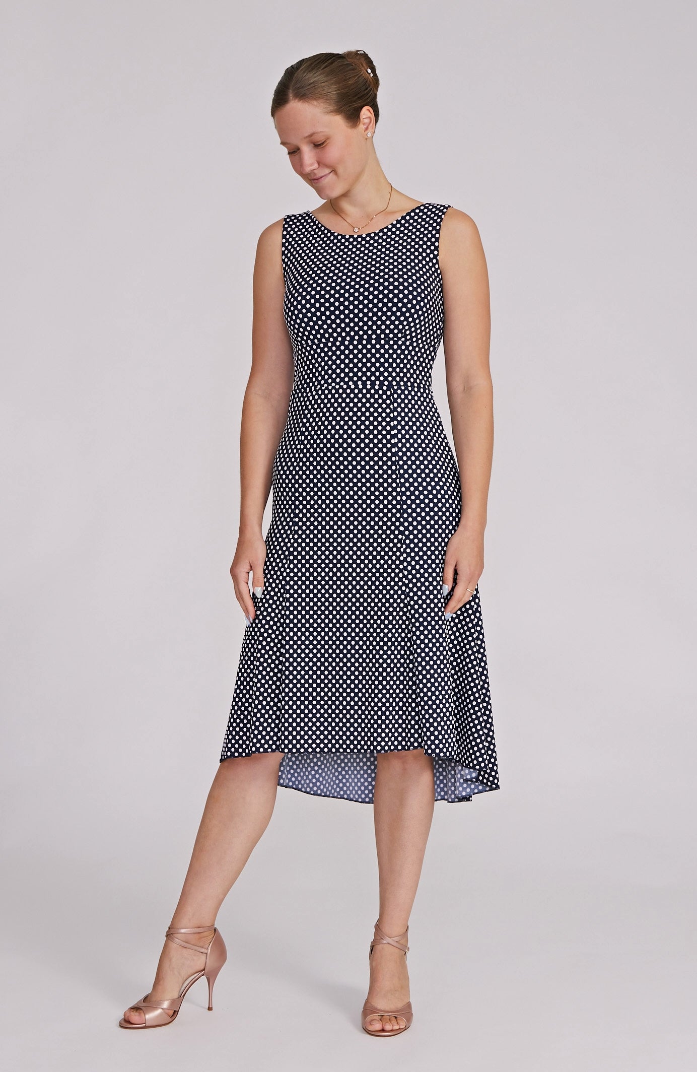 CARLA - Polka Dot Tango Dress in White / Navy Blue