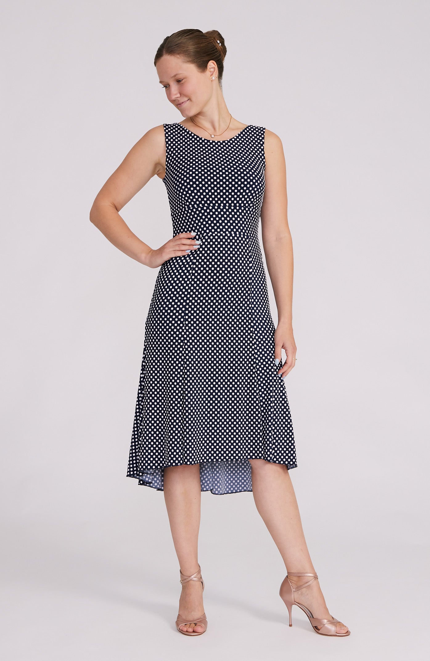 CARLA - Tango Dress in Polka Dots on Navy Blue