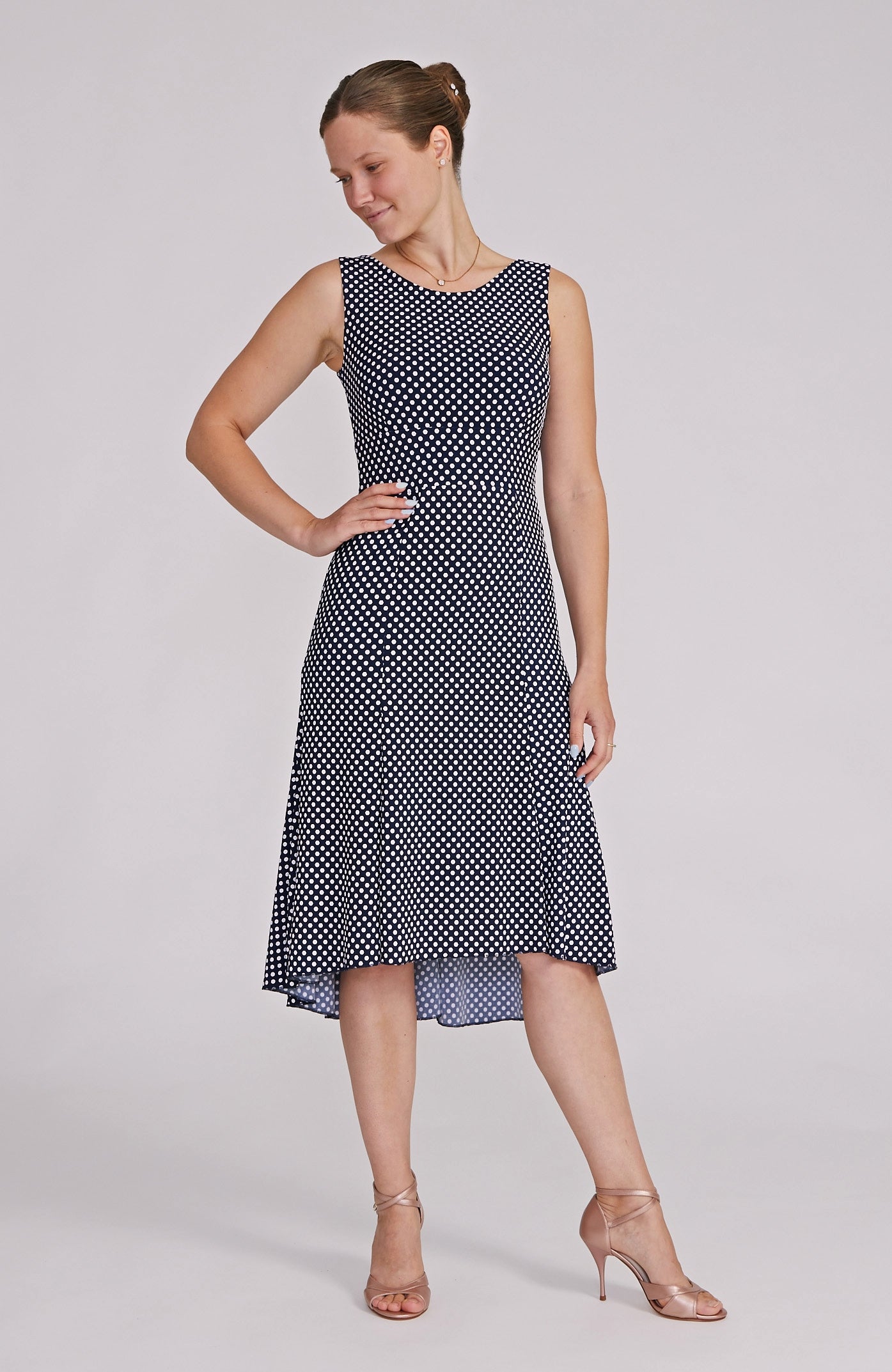 CARLA - Polka Dot Tango Dress in White / Navy Blue