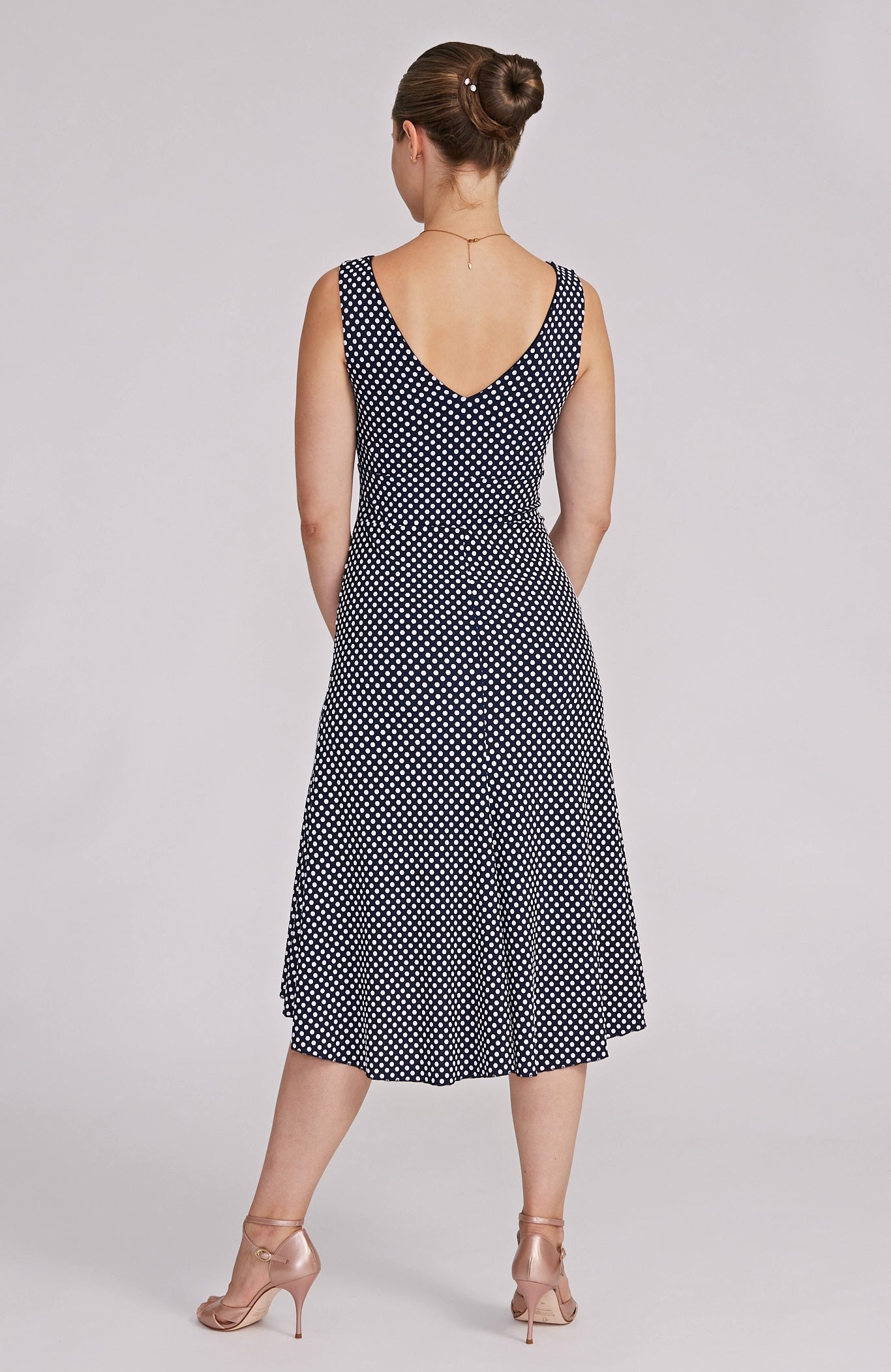 CARLA - Polka Dot Tango Dress in White / Navy Blue