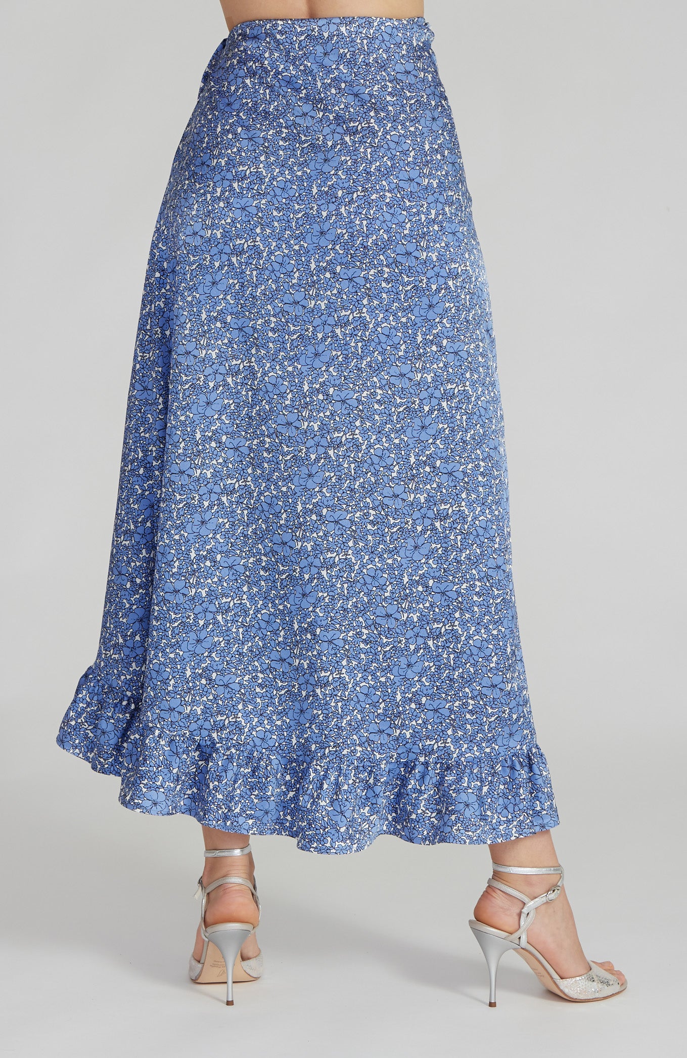 DINA - Ruffle Hem Wrap Skirt in Sky Blue Florals
