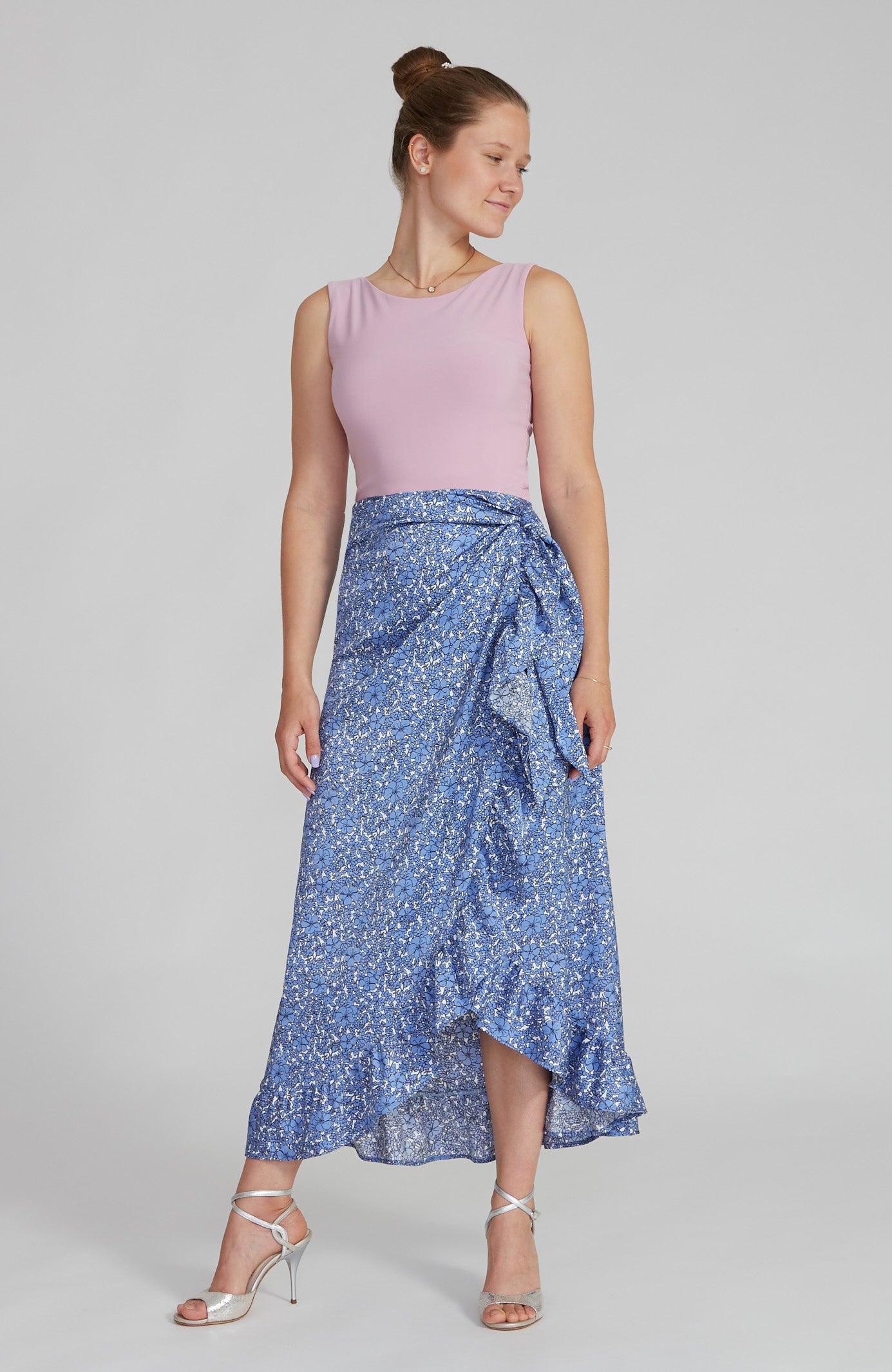 DINA - Ruffle Hem Wrap Skirt in Sky Blue Florals