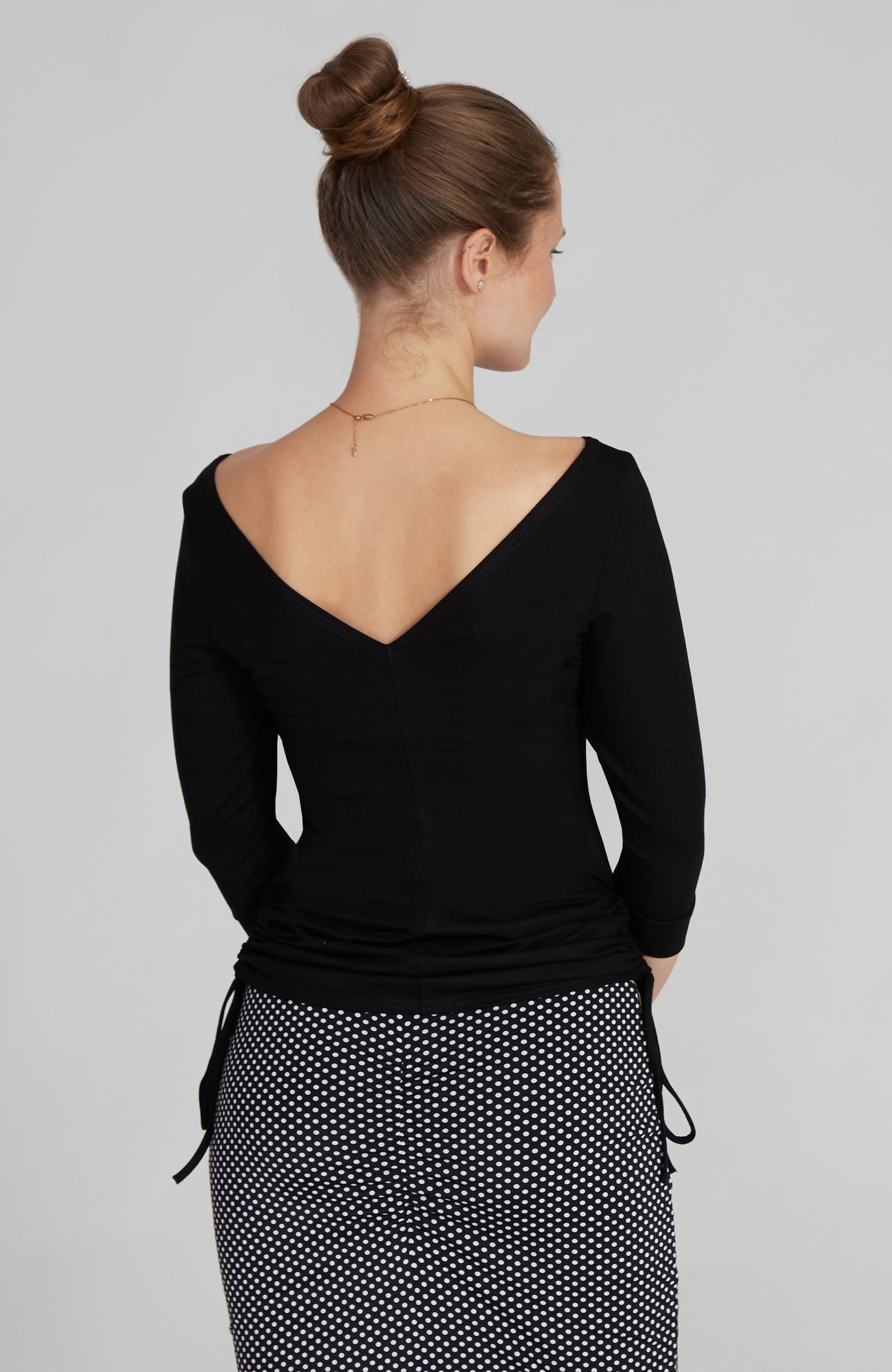 EMMA - Long Sleeve Top with Draped Sides in Black Bamboo Jersey